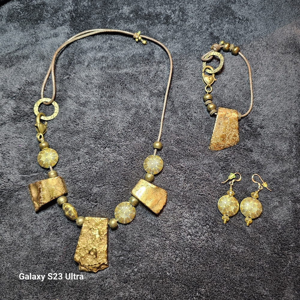 One Of A Kind Gold-Toned Jewelry Set With Leather Cord